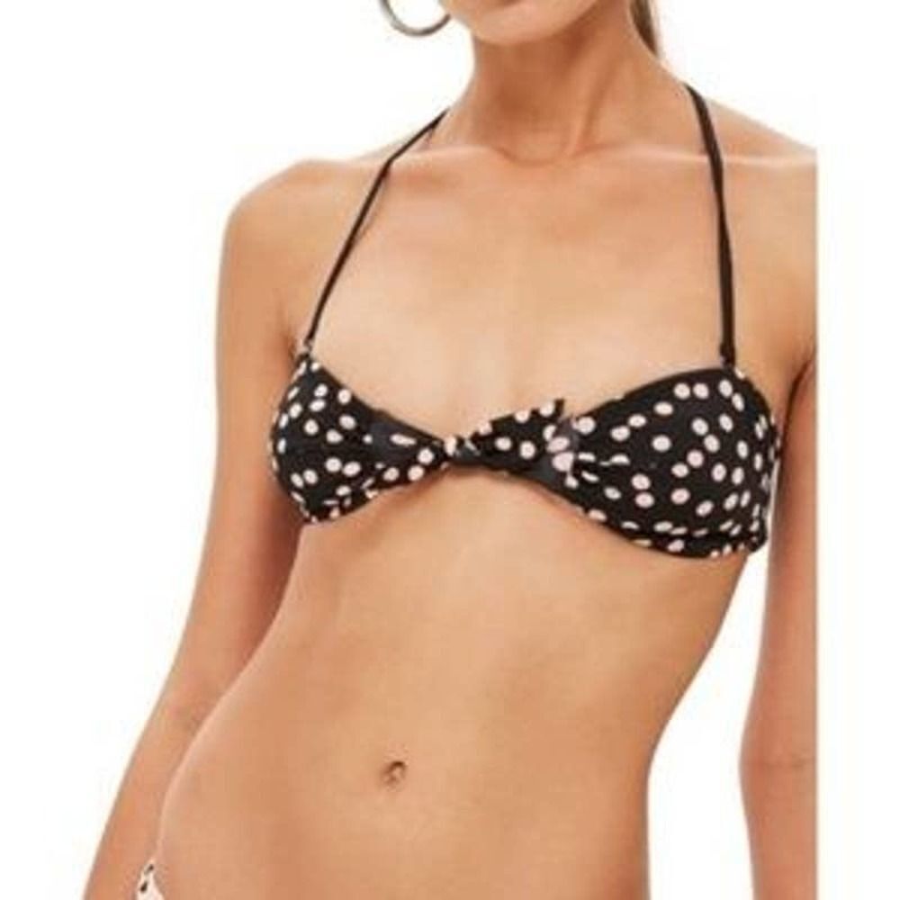 Topshop Retro Polka Dot Bikini Top Black Pink Size 6 Halter Bandeau Tie Front